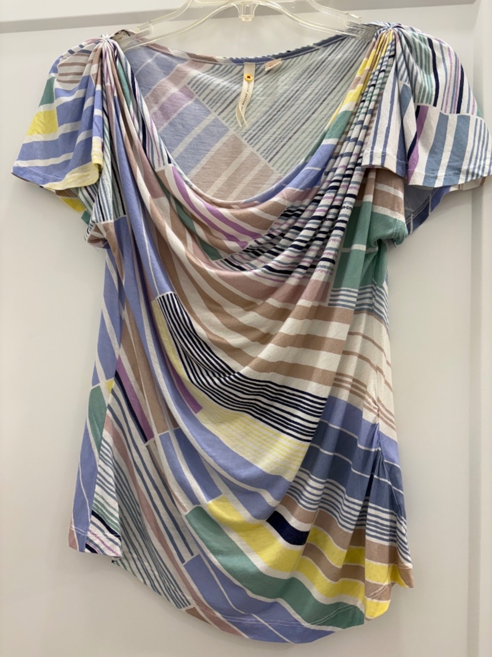 Anthropologie Little Yellow Button Multi-Striped Flutter Sleeve Top; Size: XS